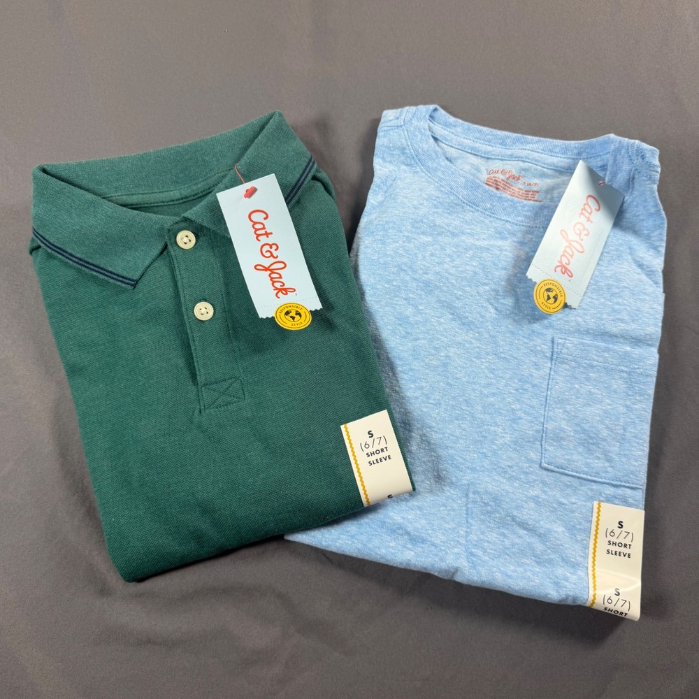 Cat & Jack Boys 2pc Shirt Bundle Green Polo Blue Pocket Tee Size S 6/7 NWT